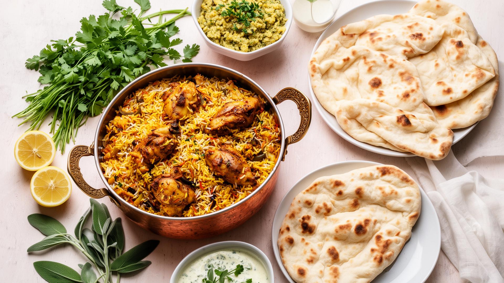 Overhead spread of halal dishes including chicken biryani and naan